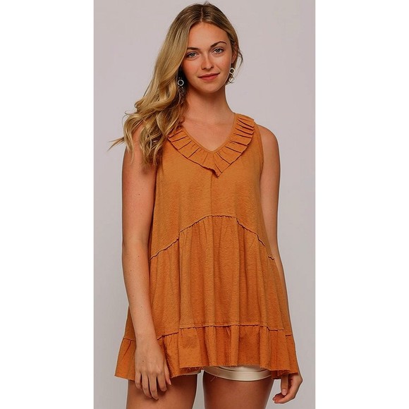 New Gigio Size S M Apricot Clay Solid & Dot Uragiri Woven Mix V Neck Tunic - Picture 2 of 4